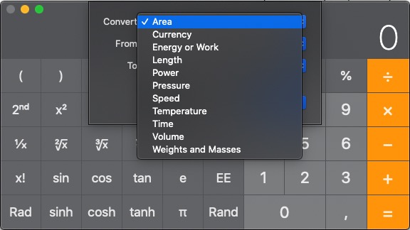 Calculator - unit of measurement conversion window