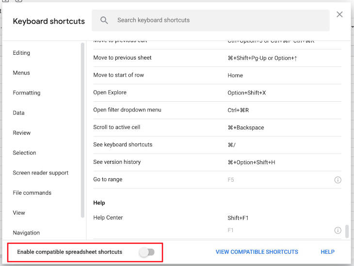 Enable compatible spreadsheet shortcuts