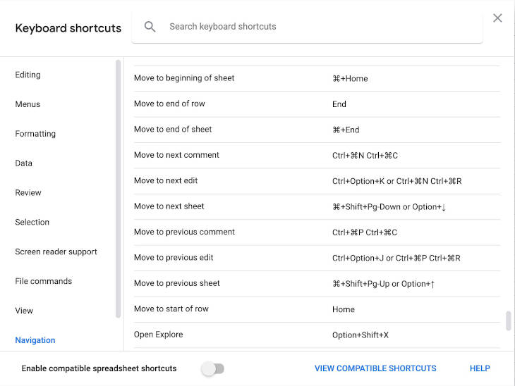 A screenshot from the Keyboard shortcuts accessible from google sheets