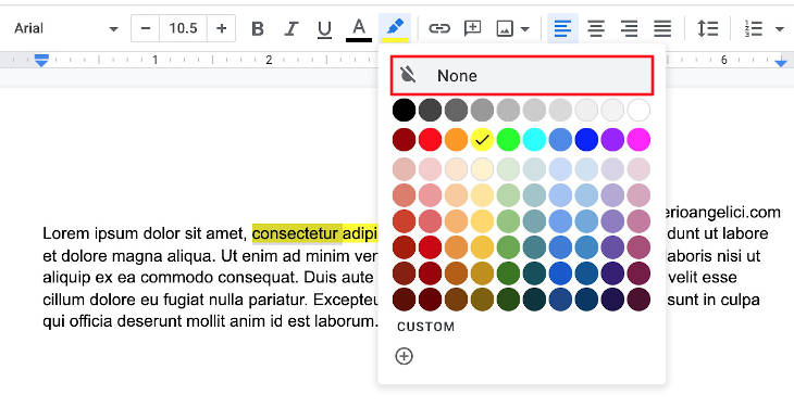 Removing highlight from text in google docs