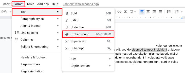 how to strikethrough text in google docs