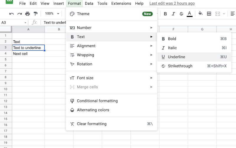 how to underline in google sheets