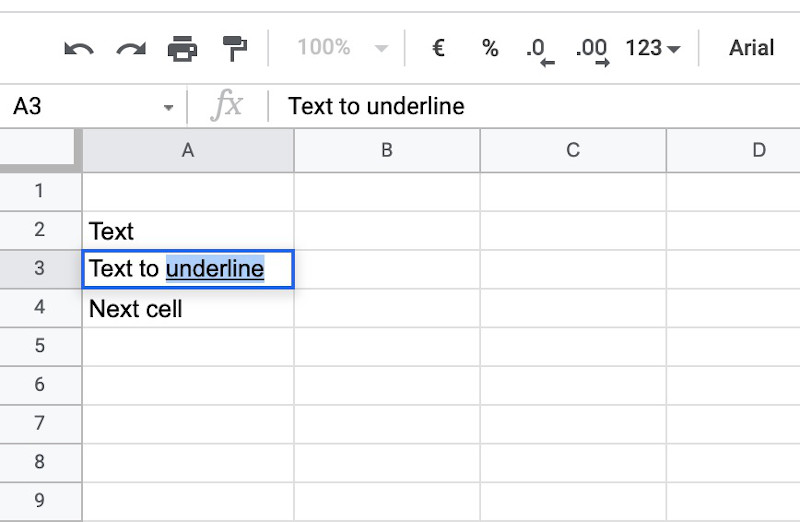 underline a selection inside a cell in google sheets