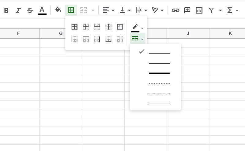 border line style selection to underline a cell in google sheets